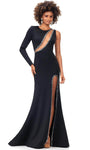 Sophisticated Natural Waistline Mermaid Long Sleeves One Shoulder Beaded Fitted Cutout Slit Back Zipper Jeweled Neck Prom Dress with a Brush/Sweep Train