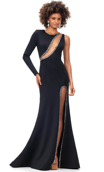 Sophisticated Mermaid Long Sleeves One Shoulder Fitted Beaded Cutout Back Zipper Slit Jeweled Neck Natural Waistline Prom Dress with a Brush/Sweep Train