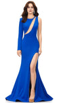 Sophisticated Natural Waistline Mermaid Long Sleeves One Shoulder Cutout Beaded Fitted Back Zipper Slit Jeweled Neck Prom Dress with a Brush/Sweep Train