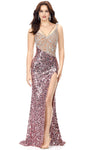 Tall V-neck Sheer Open-Back Fitted Jeweled Slit Beaded Floor Length Fit-and-Flare Sheath Natural Waistline Sleeveless Metallic General Print Sheath Dress/Evening Dress with a Brush/Sweep Train