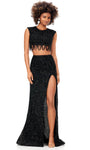 Natural Waistline Floor Length Sheath General Print Jeweled Neck Cap Sleeves Keyhole Sheer Draped Beaded Slit Sheath Dress with a Brush/Sweep Train