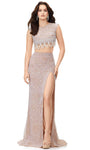 General Print Jeweled Neck Keyhole Beaded Draped Slit Sheer Floor Length Natural Waistline Cap Sleeves Sheath Sheath Dress with a Brush/Sweep Train