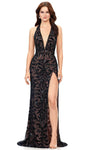 V-neck Natural Waistline Sheath Halter Plunging Neck Backless Slit Beaded Fitted Back Zipper Sequined Floor Length Sleeveless Fall Sheath Dress/Evening Dress with a Brush/Sweep Train