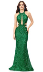 Back Zipper Sequined Open-Back Glittering Fitted Floor Length Mermaid Natural Waistline Halter Sleeveless Dress with a Brush/Sweep Train