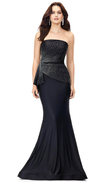 Sophisticated Strapless Floor Length Beaded Gathered Fitted Fit-and-Flare Mermaid Straight Neck Jersey Elasticized Natural Waistline Dress with a Brush/Sweep Train With Rhinestones