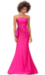 Sophisticated Strapless Straight Neck Fitted Beaded Gathered Fit-and-Flare Mermaid Floor Length Elasticized Natural Waistline Jersey Dress with a Brush/Sweep Train With Rhinestones