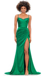 Sweetheart Natural Waistline Satin Sleeveless Floor Length Sheath Mermaid Lace-Up Wrap Asymmetric Slit Beaded Crystal Back Zipper Ruched Sheath Dress/Evening Dress with a Brush/Sweep Train