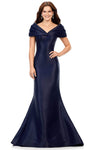 Mermaid Satin Pleated Off the Shoulder Floor Length Natural Waistline Evening Dress with a Brush/Sweep Train