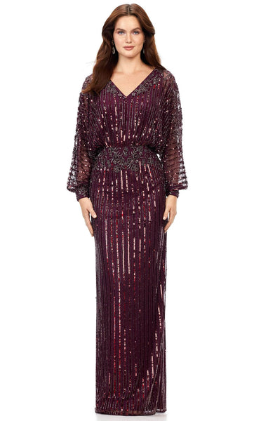 Modest V-neck Natural Waistline Sheath Dolman Long Sleeves Floral Print Floor Length Sheer Slit Beaded Sequined Sheath Dress/Evening Dress