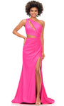 Sexy Floor Length Sleeveless Cutout Slit Open-Back Ruched Asymmetric Natural Waistline Mermaid Evening Dress with a Brush/Sweep Train