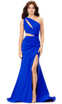 Sexy Ruched Open-Back Asymmetric Cutout Slit Floor Length Mermaid Sleeveless Natural Waistline Evening Dress with a Brush/Sweep Train