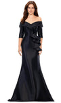 Mermaid Natural Waistline Back Zipper Peplum Vintage Pleated Open-Back 3/4 Sleeves Off the Shoulder Floor Length Satin Evening Dress with a Brush/Sweep Train With Ruffles