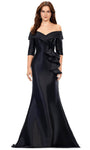 Floor Length Mermaid Satin 3/4 Sleeves Off the Shoulder Natural Waistline Vintage Open-Back Pleated Back Zipper Peplum Evening Dress with a Brush/Sweep Train With Ruffles
