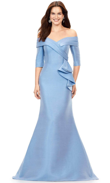 Open-Back Pleated Peplum Back Zipper Vintage Satin Floor Length Natural Waistline Mermaid 3/4 Sleeves Off the Shoulder Evening Dress with a Brush/Sweep Train With Ruffles