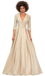 Sophisticated V-neck Satin Natural Waistline Pleated Belted Dress with a Brush/Sweep Train