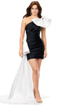 Sheath Short Natural Waistline One Shoulder Fitted Asymmetric Pleated Wrap Satin Sheath Dress With a Bow(s)