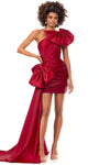 Sheath Natural Waistline One Shoulder Wrap Pleated Fitted Asymmetric Satin Short Sheath Dress With a Bow(s)