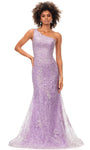 One Shoulder Sheath Mermaid Floor Length Asymmetric Fitted Sequined Applique Natural Waistline Sheath Dress with a Brush/Sweep Train