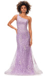 Applique Asymmetric Sequined Fitted Natural Waistline One Shoulder Floor Length Sheath Mermaid Sheath Dress with a Brush/Sweep Train
