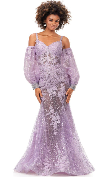 Floor Length Sweetheart Mermaid Puff Sleeves Sleeves Off the Shoulder Lace Applique Sequined Embroidered Cutout Corset Natural Waistline Evening Dress with a Brush/Sweep Train