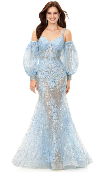 Sweetheart Corset Natural Waistline Lace Mermaid Cutout Applique Sequined Embroidered Floor Length Puff Sleeves Sleeves Off the Shoulder Evening Dress with a Brush/Sweep Train