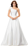 A-line Pleated Fitted Asymmetric Back Zipper Banding Floor Length Plunging Neck Satin Natural Waistline Evening Dress