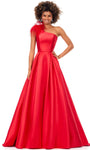 A-line Banding Fitted Back Zipper Asymmetric Pleated Natural Waistline Plunging Neck Satin Floor Length Evening Dress