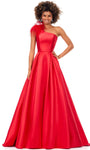 A-line Asymmetric Fitted Back Zipper Banding Pleated Natural Waistline Floor Length Satin Plunging Neck Evening Dress