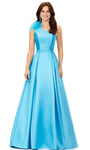 A-line Plunging Neck Banding Pleated Back Zipper Fitted Asymmetric Natural Waistline Floor Length Satin Evening Dress