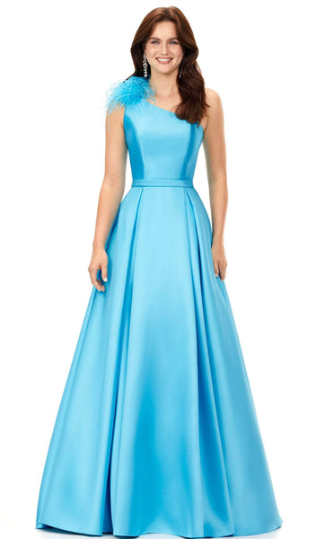 A-line Floor Length Satin Pleated Fitted Asymmetric Back Zipper Banding Plunging Neck Natural Waistline Evening Dress