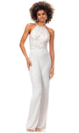 Halter Sequined Beaded Back Zipper Floor Length Sleeveless Natural Waistline Jumpsuit