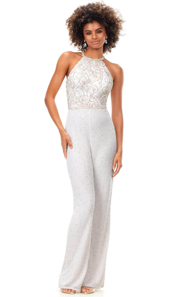 Halter Natural Waistline Floor Length Sleeveless Back Zipper Beaded Sequined Jumpsuit