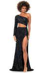 Wrap Asymmetric Sequined Slit Long Sleeves One Shoulder Natural Waistline Sheath Sheath Dress/Evening Dress