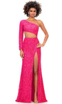 Long Sleeves One Shoulder Sheath Natural Waistline Sequined Wrap Slit Asymmetric Sheath Dress/Evening Dress