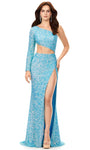 Long Sleeves One Shoulder Sheath Natural Waistline Asymmetric Sequined Slit Wrap Sheath Dress/Evening Dress