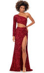 Sequined Wrap Asymmetric Slit Long Sleeves One Shoulder Natural Waistline Sheath Sheath Dress/Evening Dress