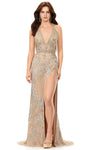 V-neck Sequined Tiered Slit Beaded Open-Back Back Zipper Fitted Sheath Geometric Print Natural Waistline Floor Length Sleeveless Halter Plunging Neck Sheath Dress with a Brush/Sweep Train