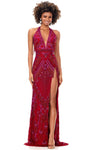 V-neck Floor Length Natural Waistline Halter Plunging Neck Sheath Sleeveless Tiered Slit Beaded Sequined Fitted Open-Back Back Zipper Geometric Print Sheath Dress with a Brush/Sweep Train