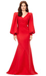 V-neck Back Zipper Wrap Ruched Mermaid Bishop Sleeves Natural Waistline Prom Dress