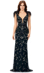 Sophisticated V-neck Sleeveless Floor Length Natural Waistline Floral Print Sheath Back Zipper Sheer Beaded Sheath Dress/Evening Dress with a Brush/Sweep Train