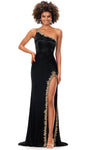 Back Zipper Beaded Crystal Slit Asymmetric Sheath Floor Length One Shoulder Natural Waistline Sheath Dress/Evening Dress/Party Dress with a Brush/Sweep Train