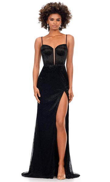 Corset Natural Waistline Plunging Neck Sweetheart Sleeveless Spaghetti Strap Floor Length Sheath Fitted Slit Sheer Back Zipper Open-Back Beaded Sheath Dress/Evening Dress with a Brush/Sweep Train