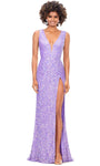 V-neck Sheath Natural Waistline Lace-Up Slit Back Zipper Sequined Open-Back Sheer Sleeveless Floor Length Sheath Dress/Evening Dress with a Brush/Sweep Train