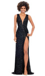 V-neck Floor Length Sequined Slit Open-Back Back Zipper Lace-Up Sheer Sleeveless Sheath Natural Waistline Sheath Dress/Evening Dress with a Brush/Sweep Train