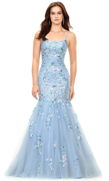 Floor Length General Print Natural Waistline Flared-Skirt Scoop Neck Lace-Up Fitted Sequined Open-Back Tulle Sleeveless Spaghetti Strap Mermaid Dress with a Brush/Sweep Train