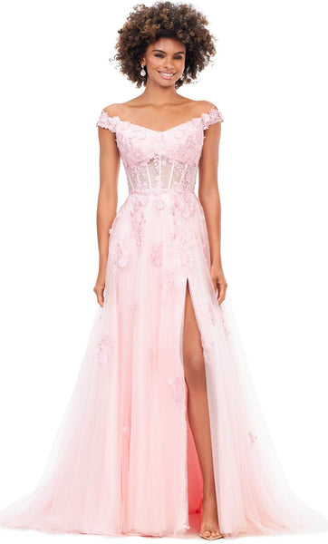 A-line V-neck Corset Natural Waistline Tulle Floral Print Short Sleeves Sleeves Off the Shoulder Back Zipper Sheer Back Applique Beaded Mesh Slit Prom Dress with a Brush/Sweep Train