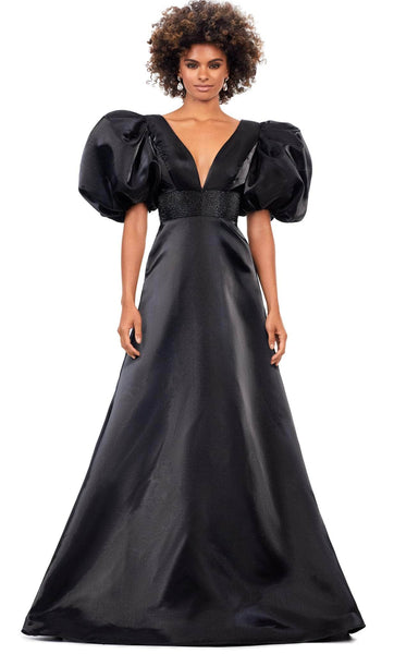 Sophisticated A-line V-neck Satin Puff Sleeves Sleeves Back Zipper Beaded V Back Empire Waistline Prom Dress with a Brush/Sweep Train