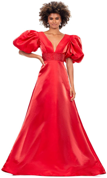 Sophisticated A-line V-neck Beaded Back Zipper V Back Empire Waistline Puff Sleeves Sleeves Satin Prom Dress with a Brush/Sweep Train