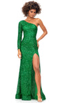 Long Sleeves One Shoulder Natural Waistline Sheath Floor Length Open-Back Sequined Asymmetric Slit Back Zipper Sheath Dress/Evening Dress