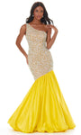 Crystal Beaded Asymmetric Fitted One Shoulder Sleeveless Bubble Dress Satin Fit-and-Flare Mermaid Dropped Waistline Dress